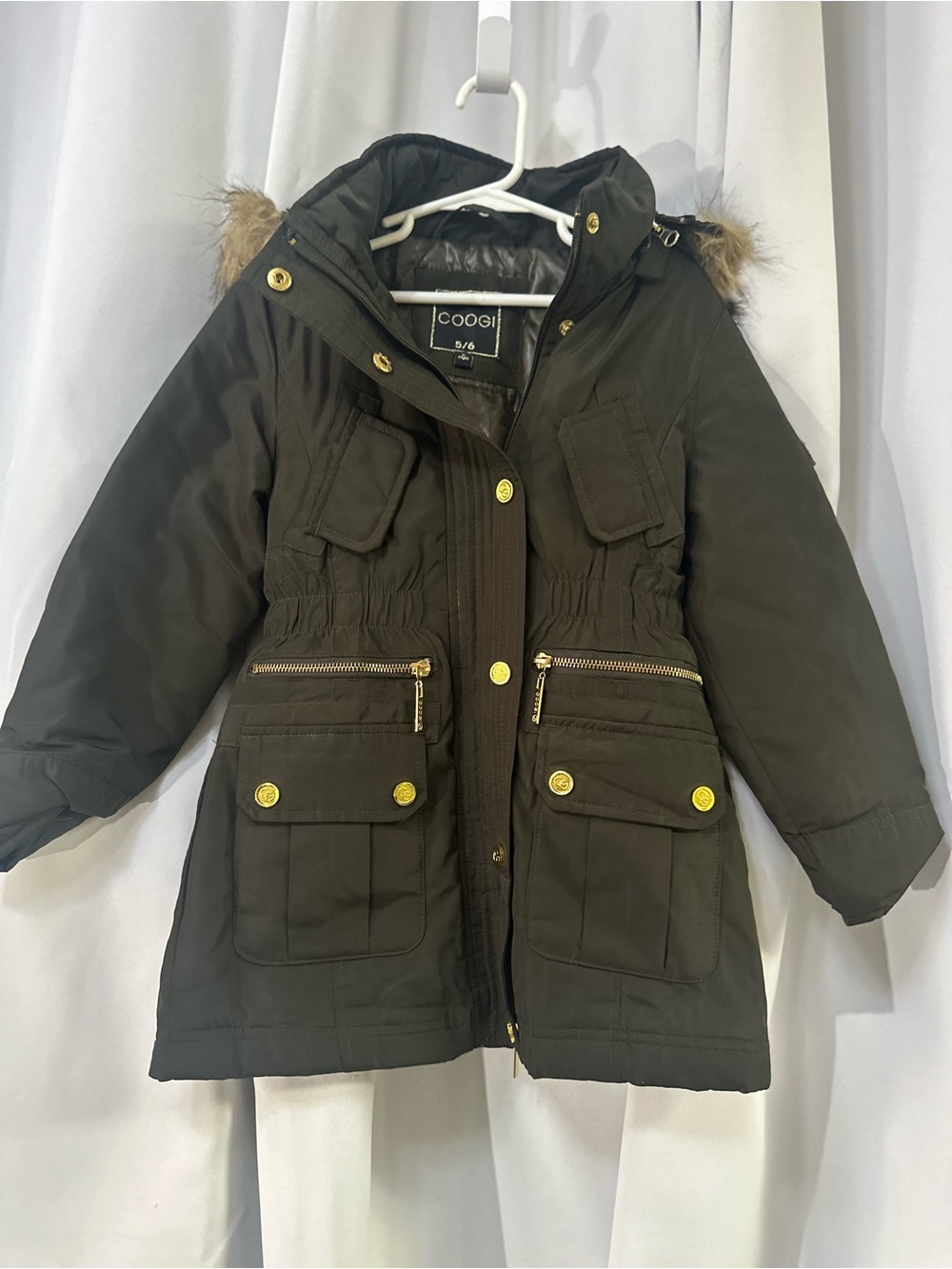COOGI Olive Green Hooded Puffer with Faux Fur Trim